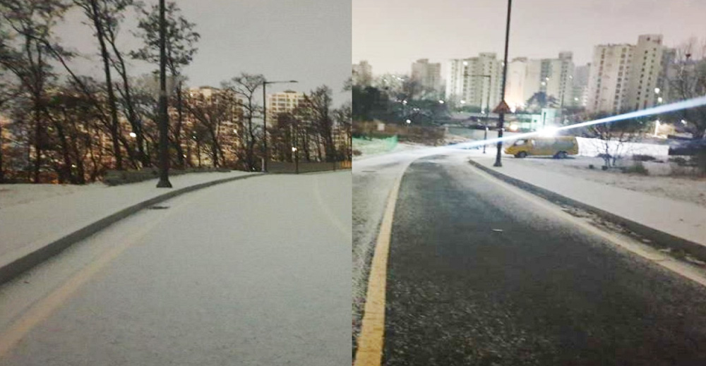 Anti-icing asphalt pavement ( right) compared with the same without anti-icing ( left)